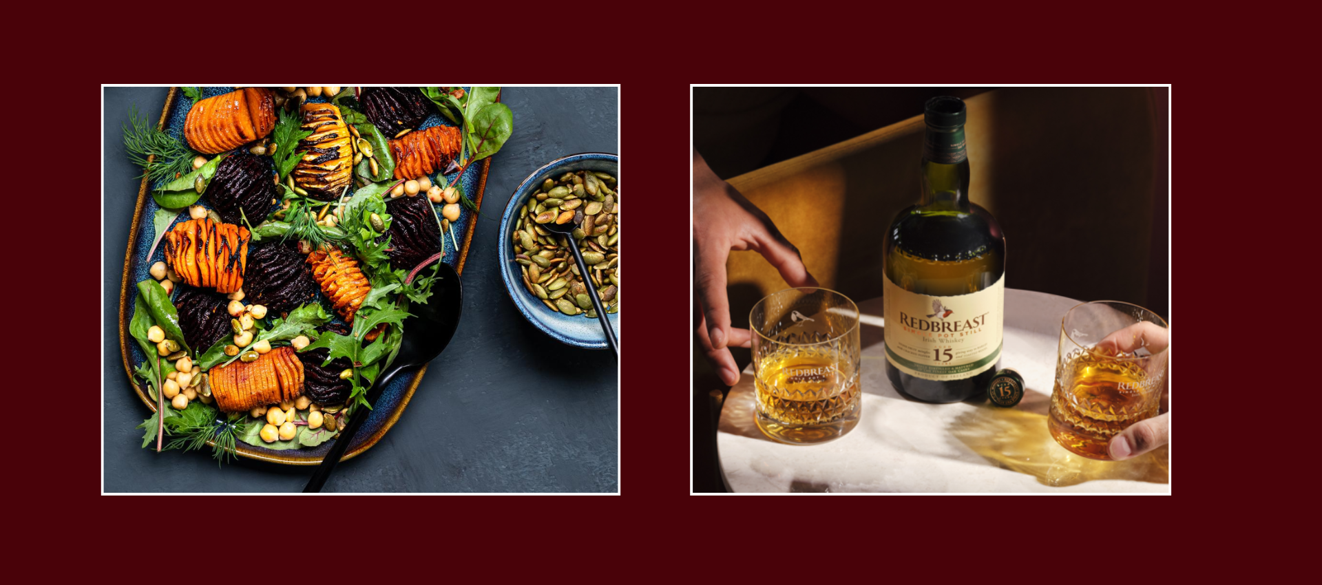 Redbreast 15 whiskey pairing with glazed vegetables and nuts and seeds