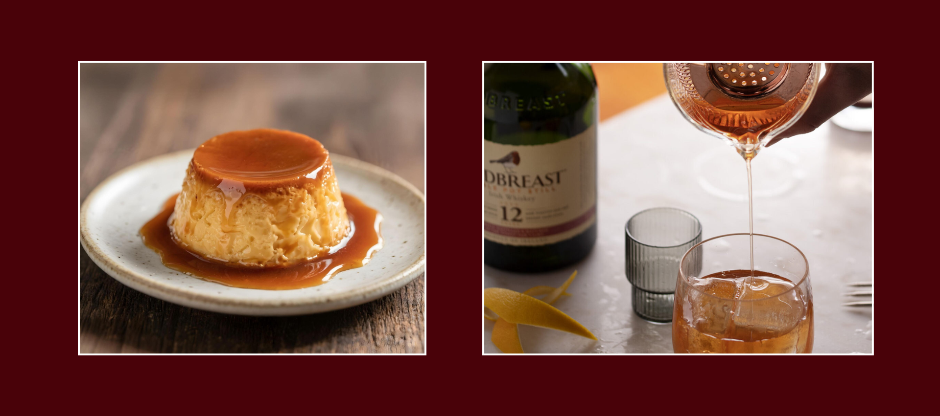 Redbreast Old Fashioned whiskey cocktail food pairing with sticky pudding
